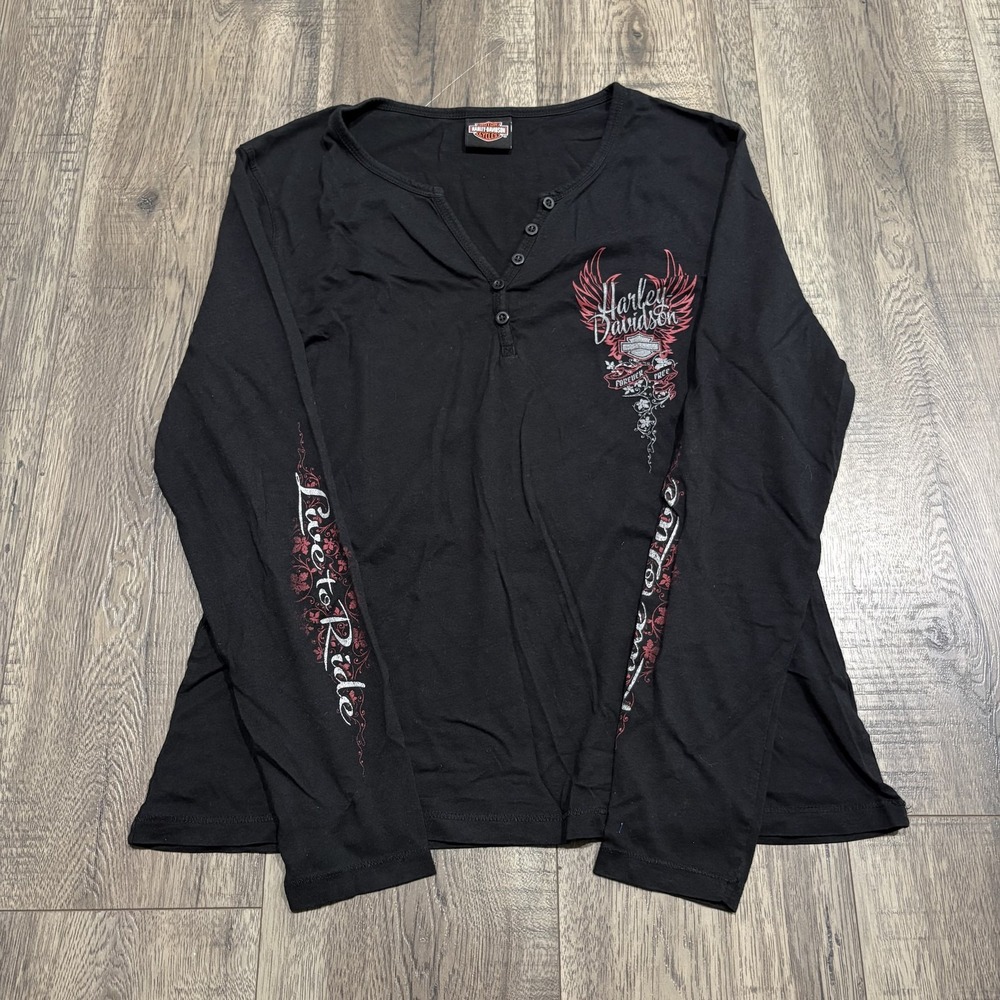 Harley-Davidson Shirt Womens L Black Henley Live To Ride Graphic Long Sleeve
